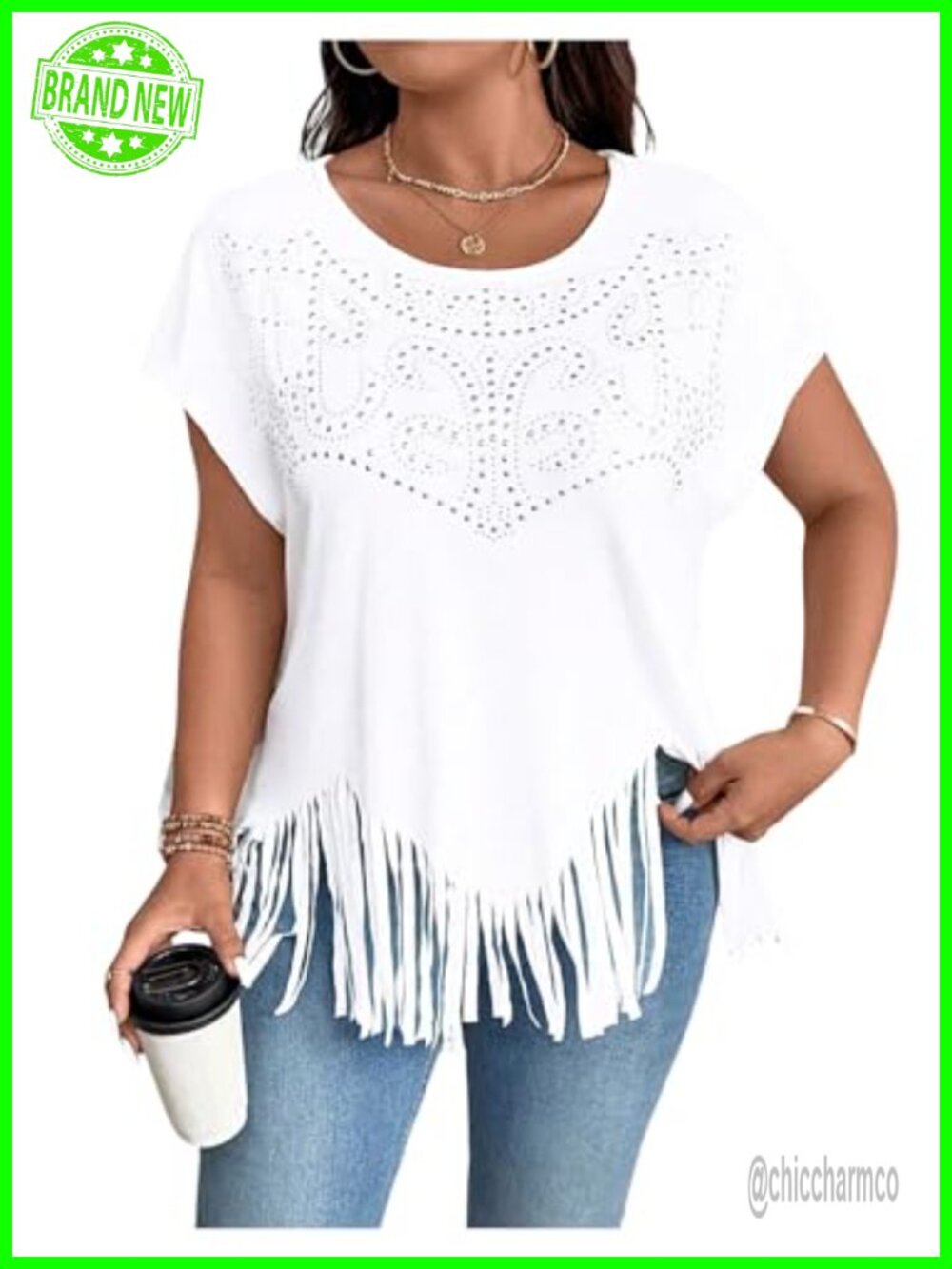 Plus Size Fringe Rhinestone Cowgirl Short Sleeve Top